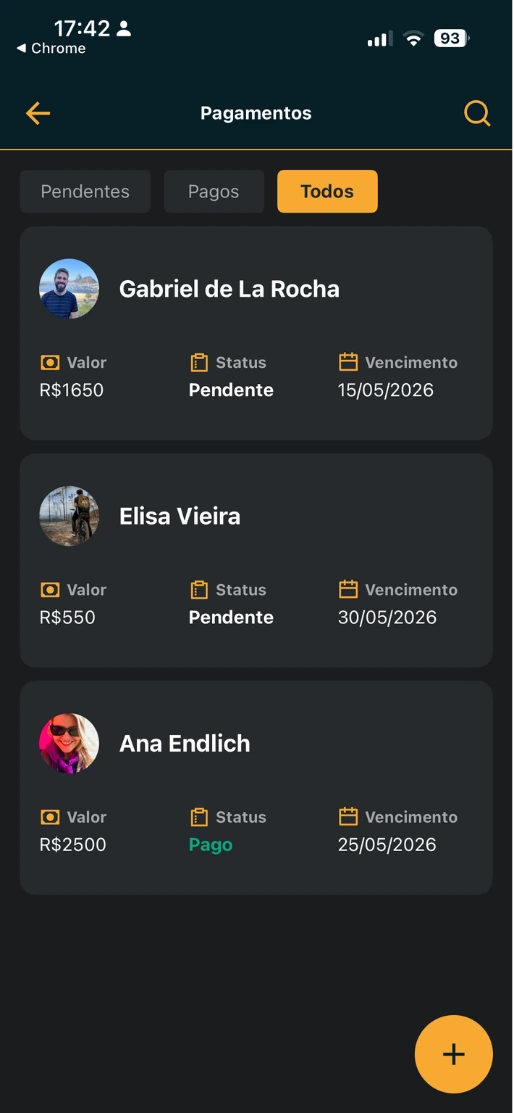 Tela do personal com pagamentos dos alunos, valores, vencimentos e status pago ou pendente